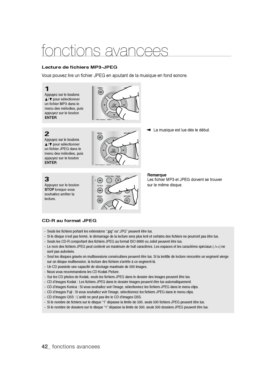 Samsung DVD-1080PR user manual Lecture de fichiers MP3-JPEG, CD-R au format Jpeg, La musique est lue dés le début 