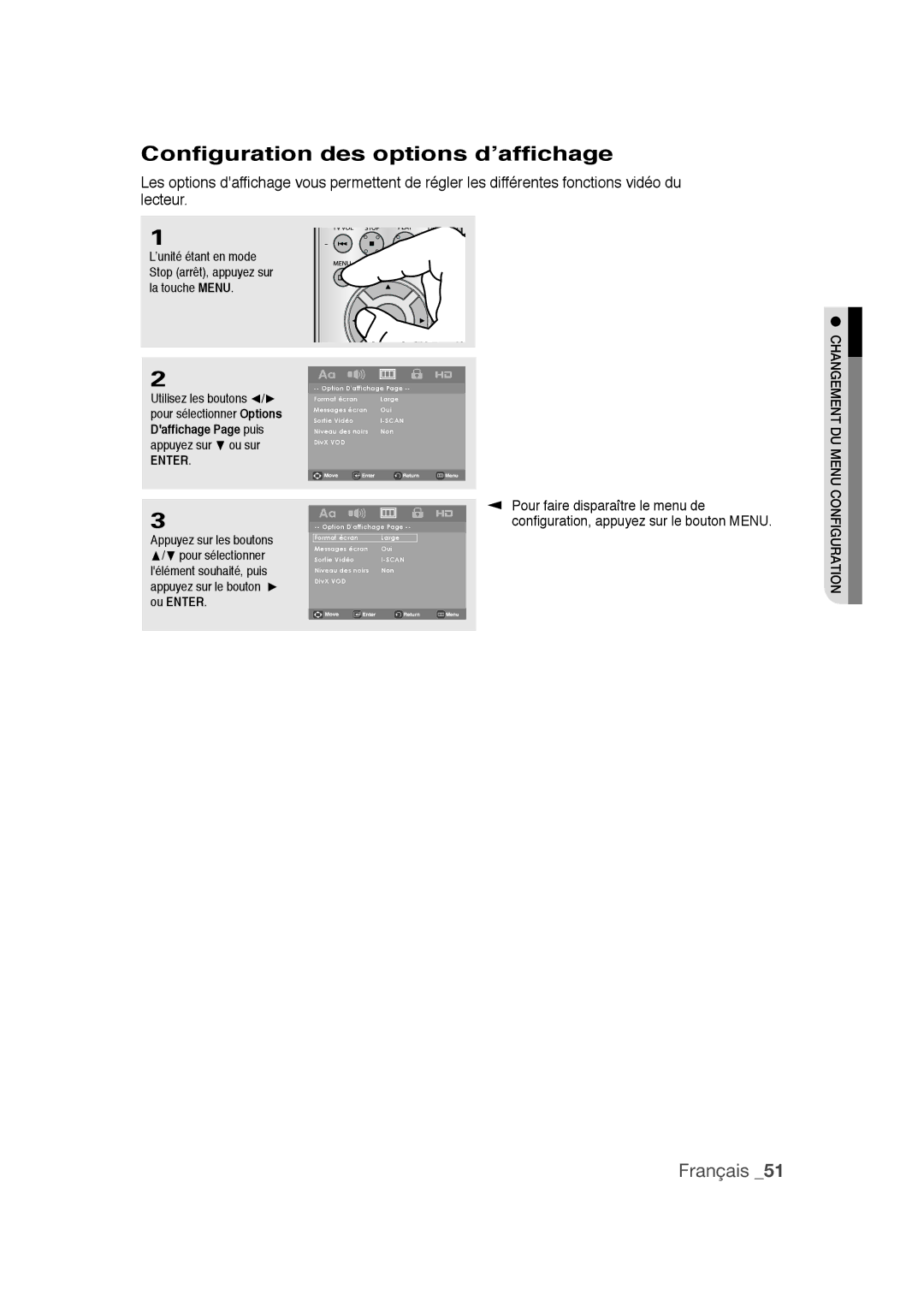 Samsung DVD-1080PR user manual Configuration des options d’affichage, Enter 