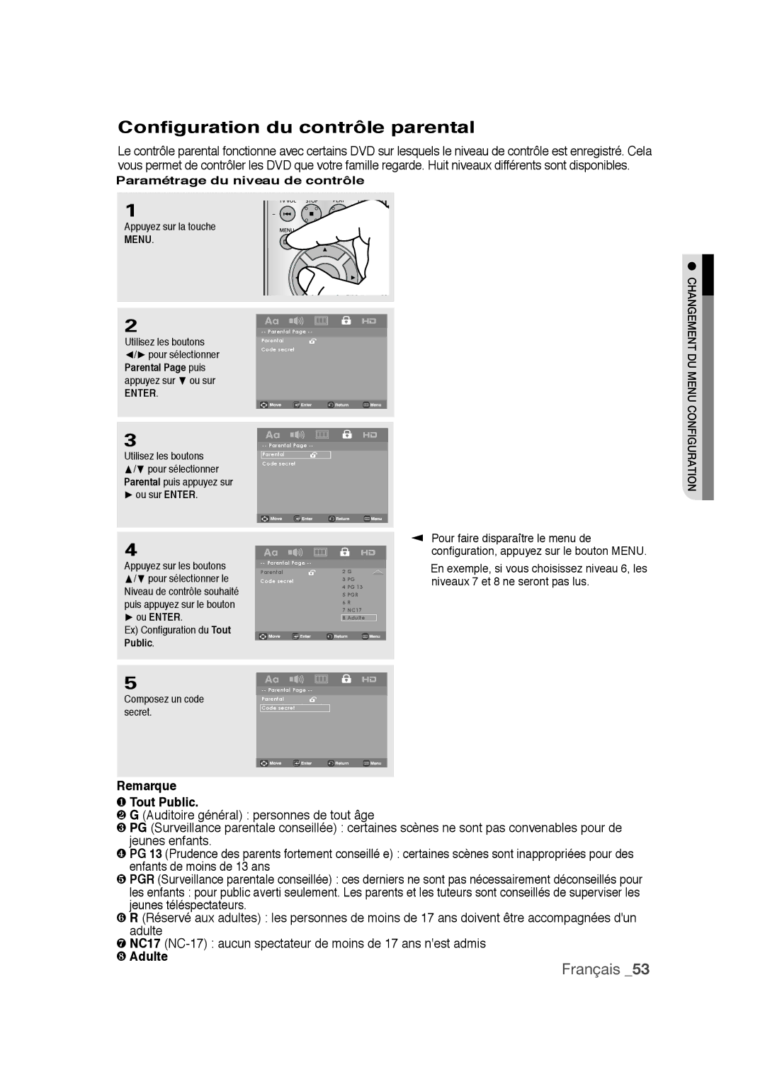 Samsung DVD-1080PR Configuration du contrôle parental, Remarque ❶ Tout Public, ❽ Adulte, Paramétrage du niveau de contrôle 