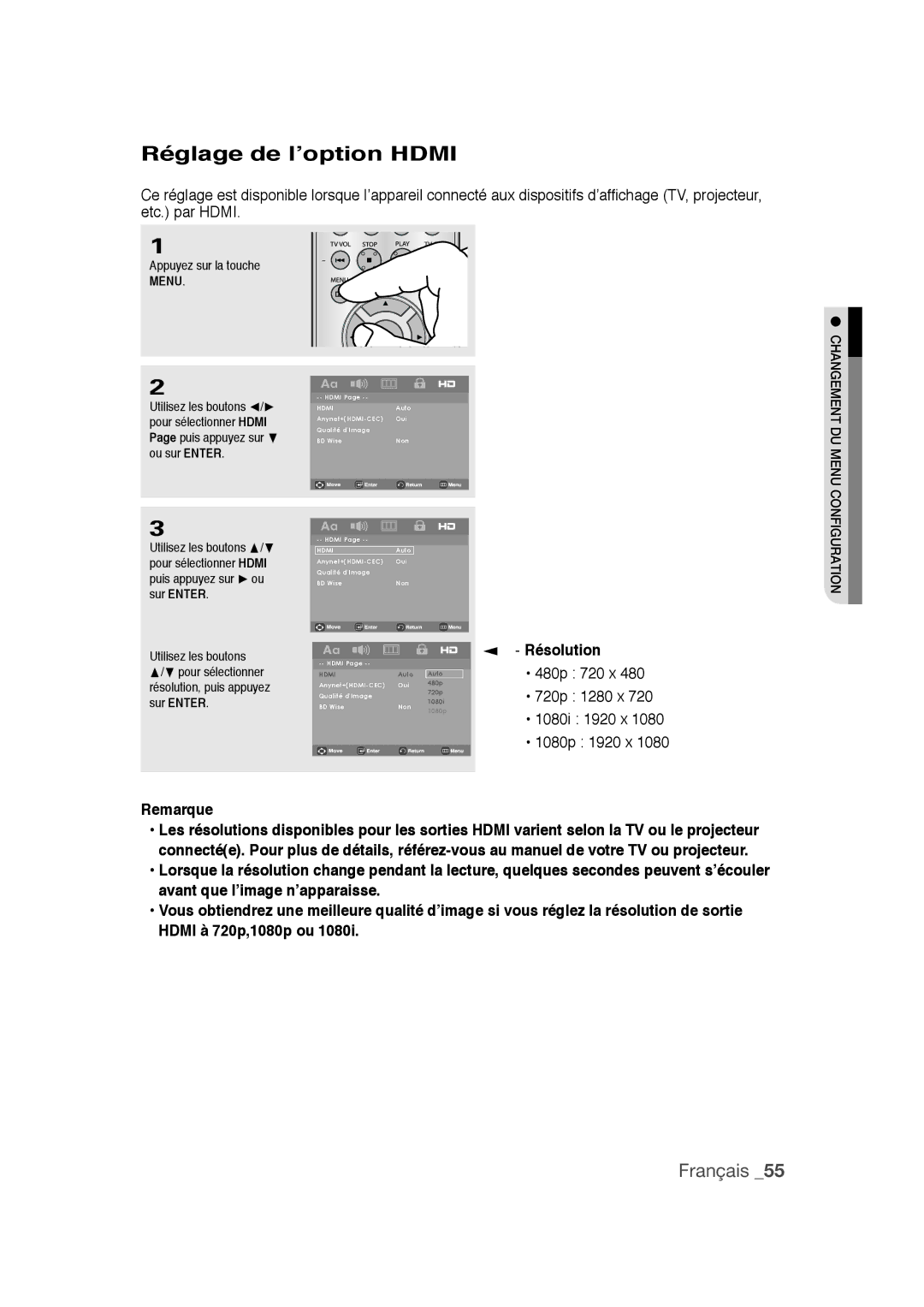 Samsung DVD-1080PR user manual Réglage de l’option Hdmi, Résolution 