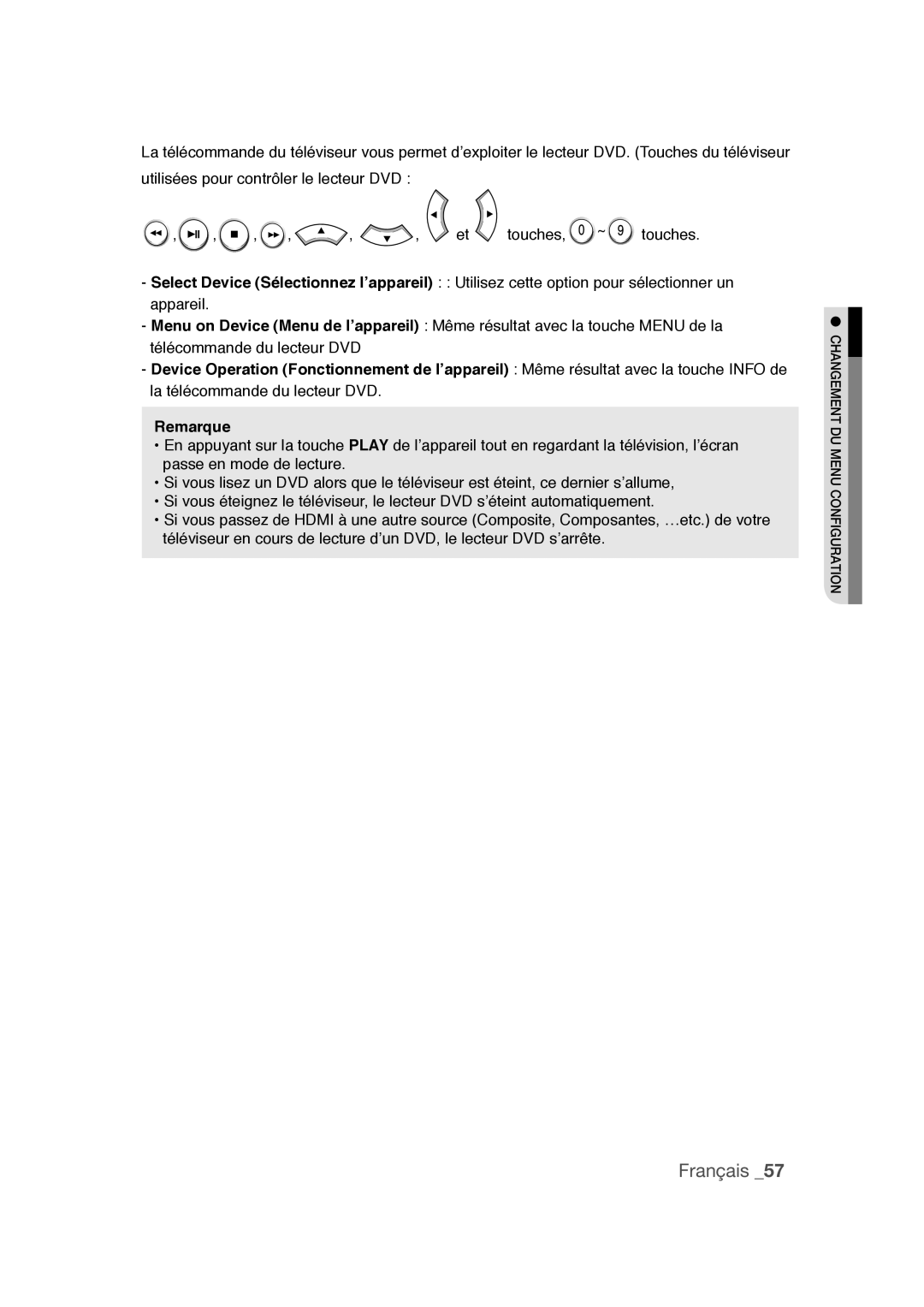 Samsung DVD-1080PR user manual Changement DU Menu Configuration 