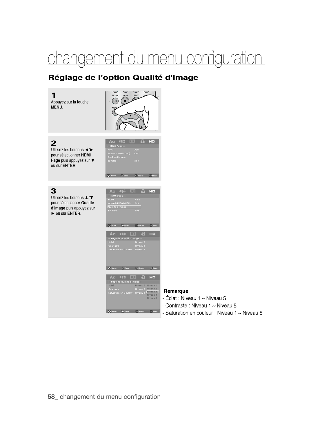 Samsung DVD-1080PR user manual Réglage de l’option Qualité dImage, Ou sur Enter 