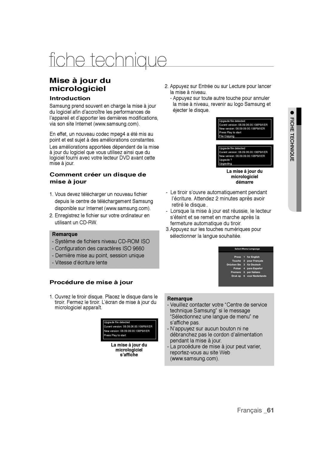 Samsung DVD-1080PR user manual Che technique, Mise à jour du micrologiciel, Comment créer un disque de mise à jour 