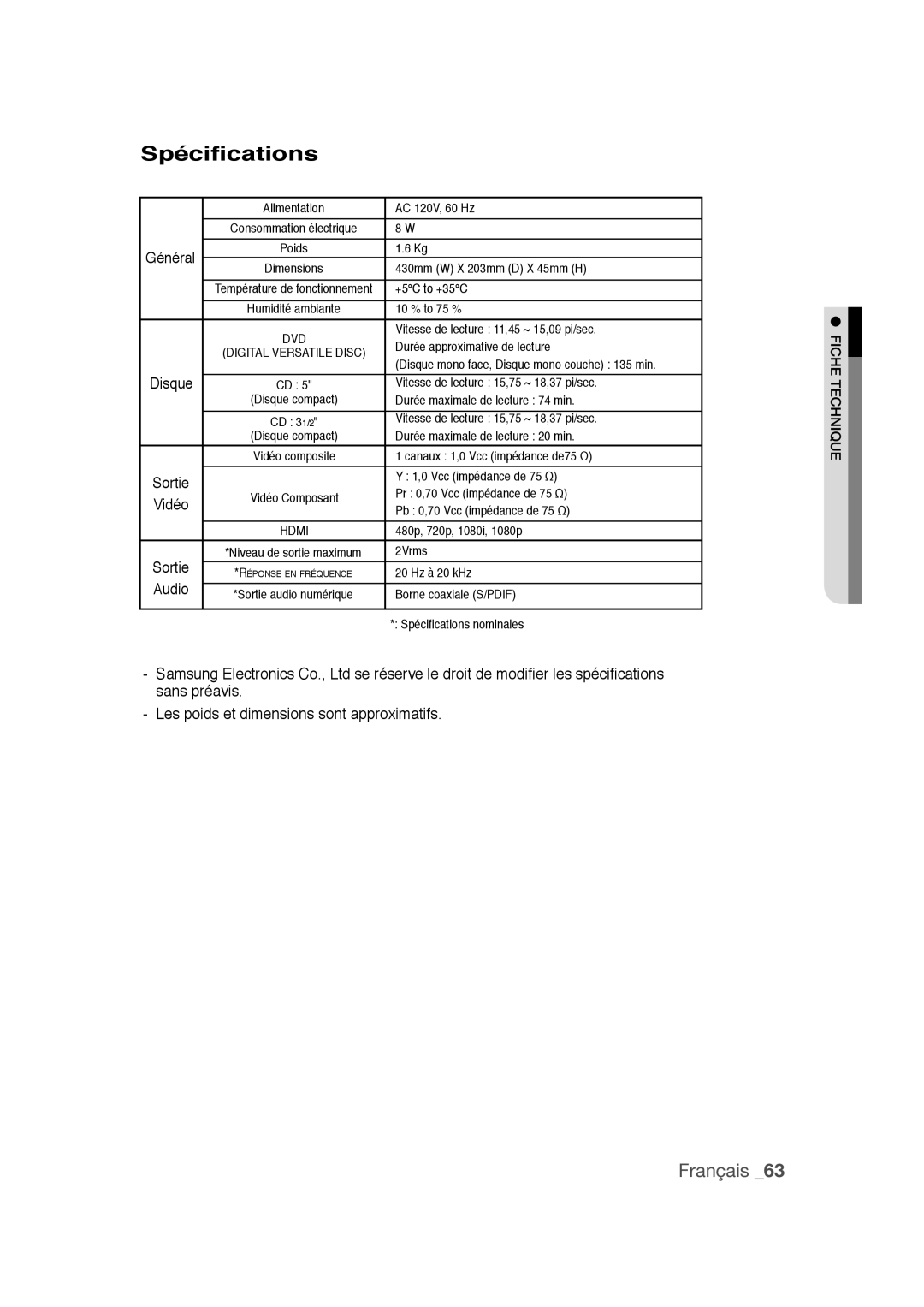 Samsung DVD-1080PR user manual Spécifications 