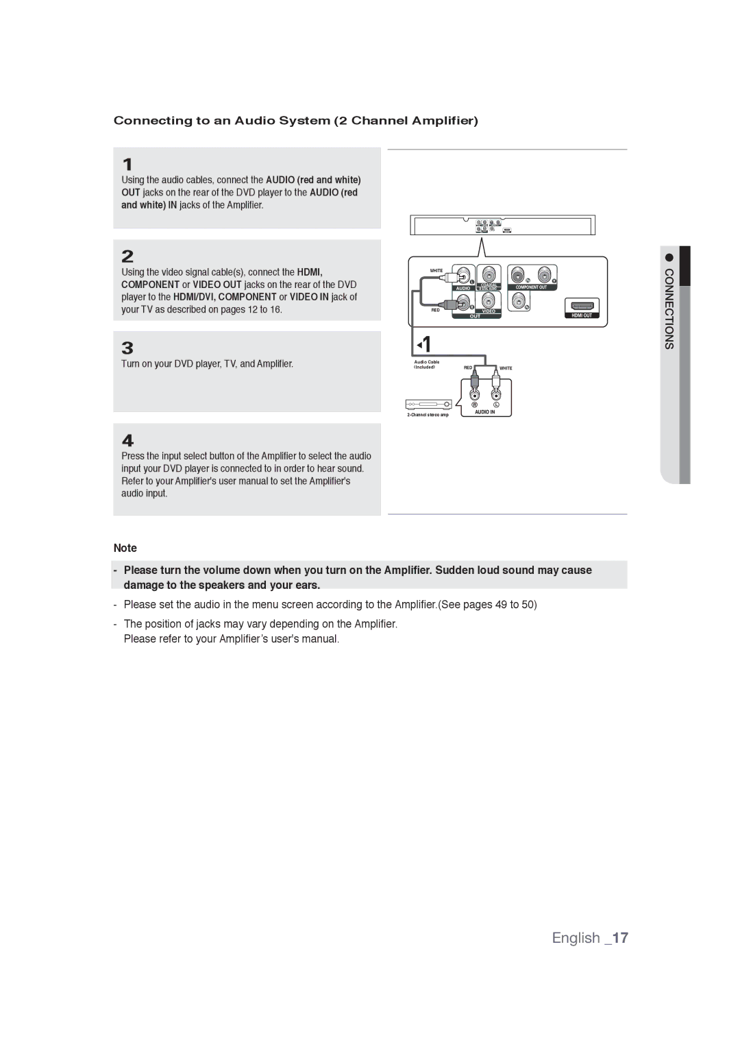 Samsung DVD-1080PR user manual Connecting to an Audio System 2 Channel Amplifier 