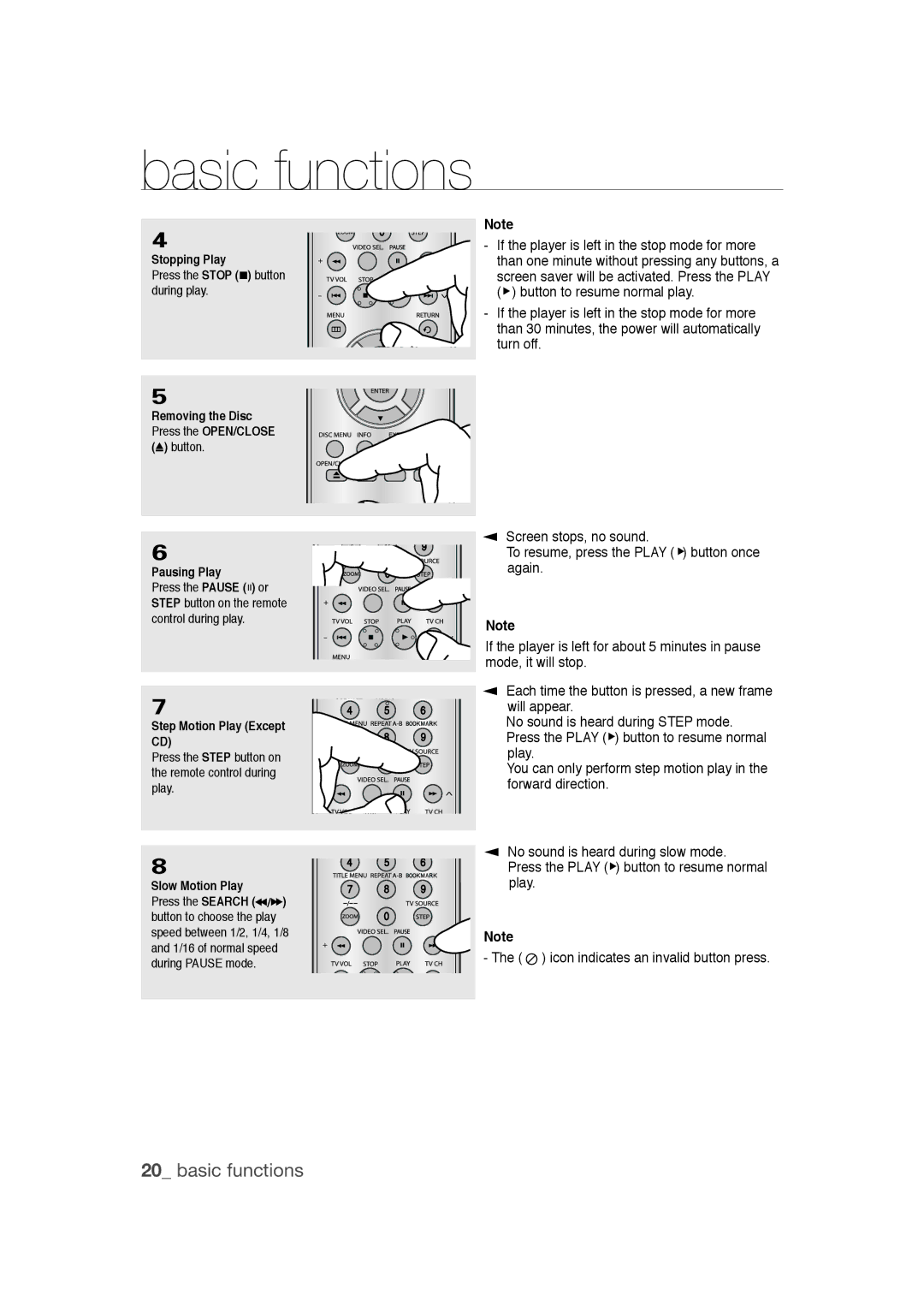 Samsung DVD-1080PR user manual Basic functions, Stopping Play, Pausing Play, Step Motion Play Except CD, Slow Motion Play 