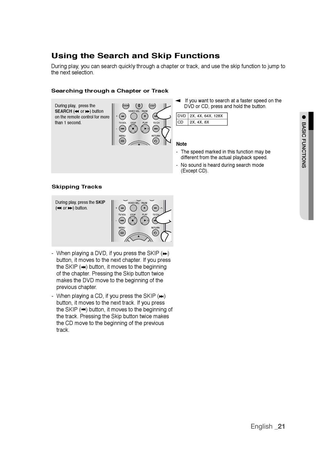 Samsung DVD-1080PR user manual Using the Search and Skip Functions, Searching through a Chapter or Track, Skipping Tracks 