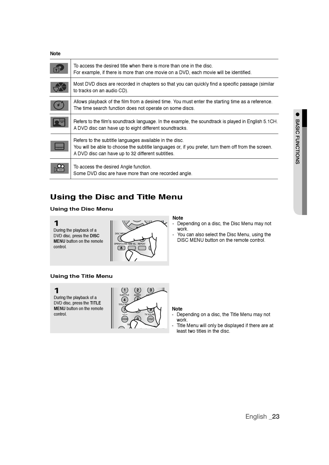 Samsung DVD-1080PR user manual Using the Disc and Title Menu, Using the Disc Menu, Using the Title Menu 