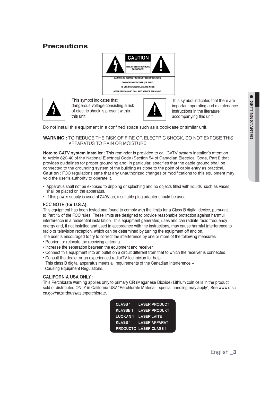 Samsung DVD-1080PR user manual Precautions, FCC Note for U.S.A, This symbol indicates that there are 