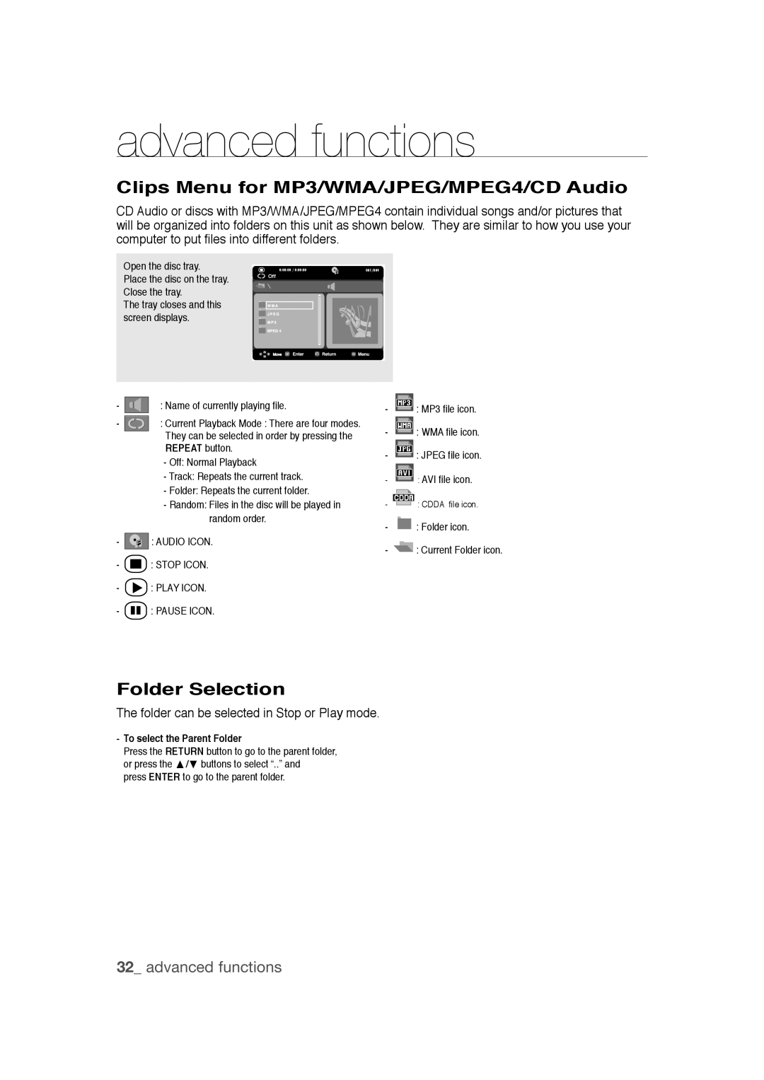 Samsung DVD-1080PR user manual Clips Menu for MP3/WMA/JPEG/MPEG4/CD Audio, Folder Selection, To select the Parent Folder 