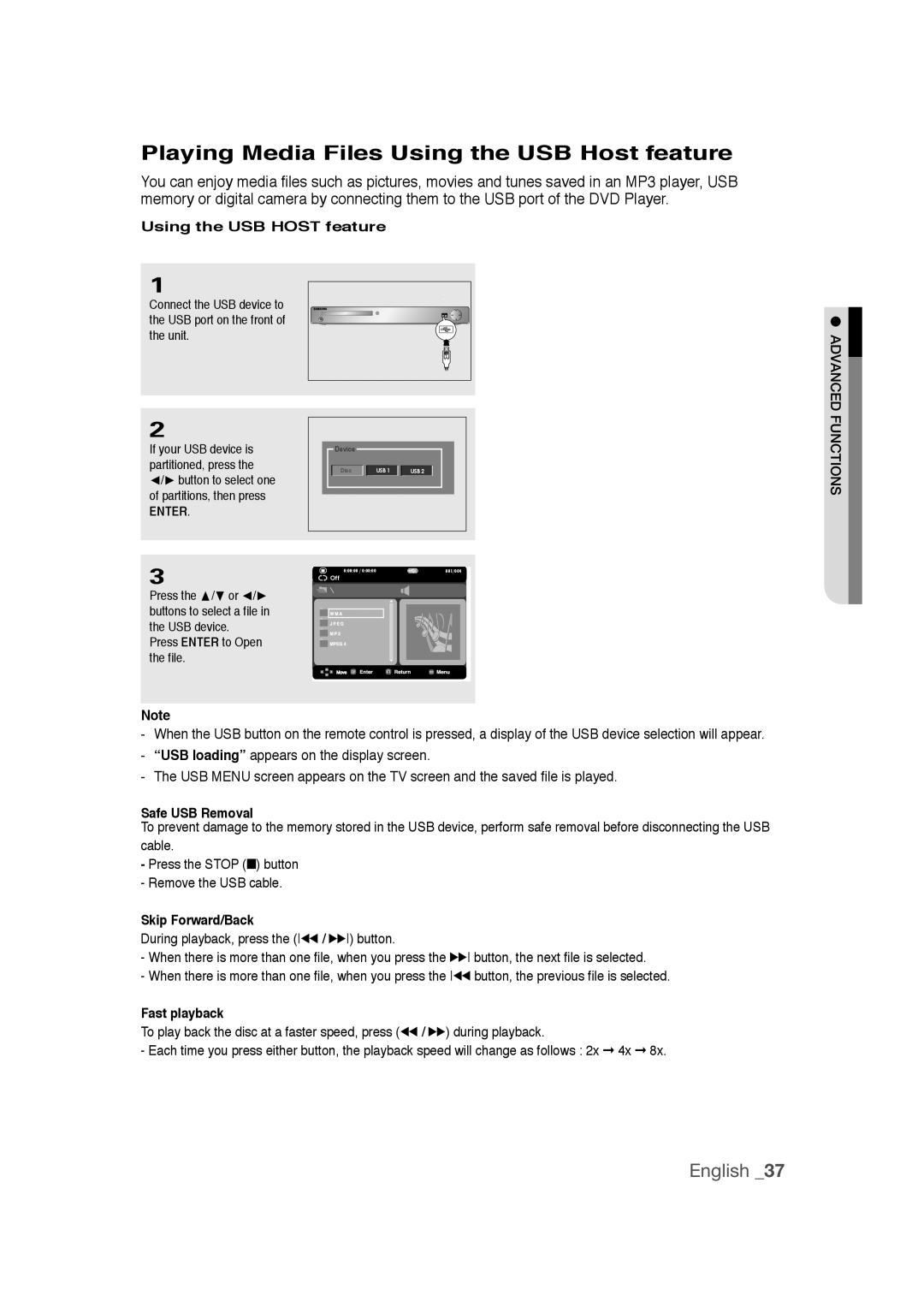 Samsung DVD-1080PR user manual Safe USB Removal, Skip Forward/Back, Fast playback, Enter 