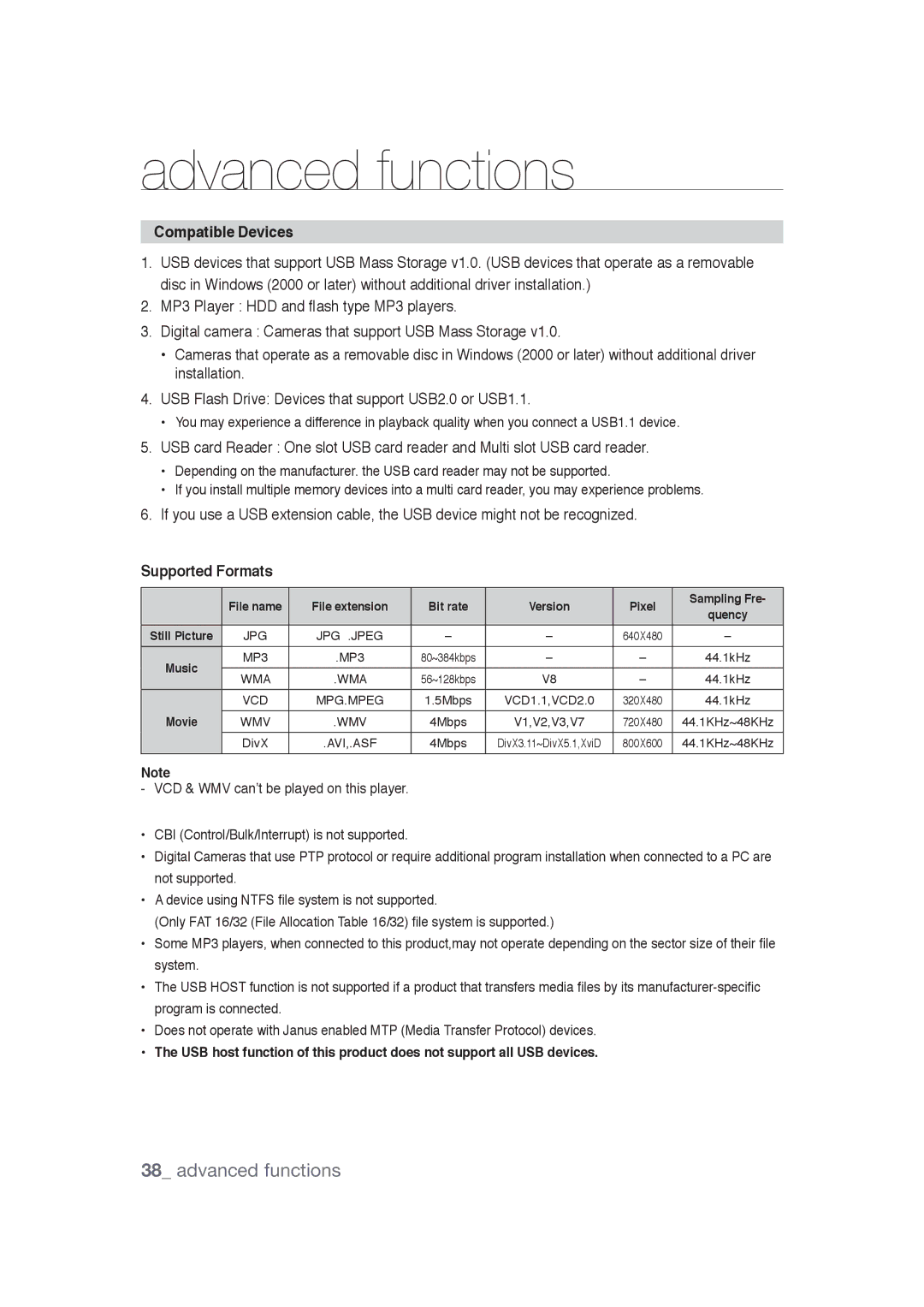 Samsung DVD-1080PR user manual Compatible Devices, Supported Formats, File extension Bit rate Version Pixel Sampling Fre 