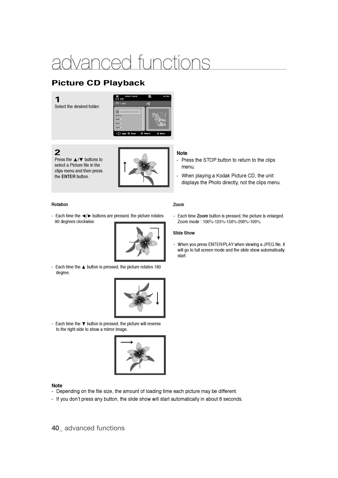 Samsung DVD-1080PR user manual Picture CD Playback, Select the desired folder, Rotation, Zoom, Slide Show 