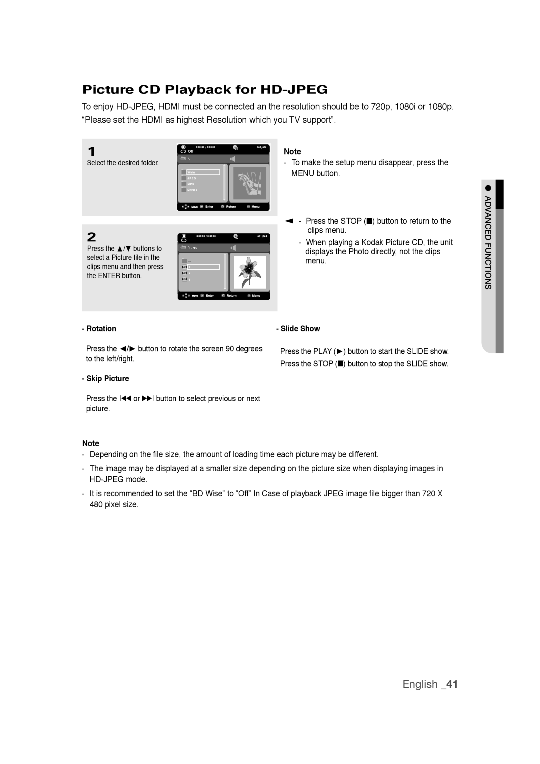 Samsung DVD-1080PR user manual Picture CD Playback for HD-JPEG, Rotation, Skip Picture, Slide Show 