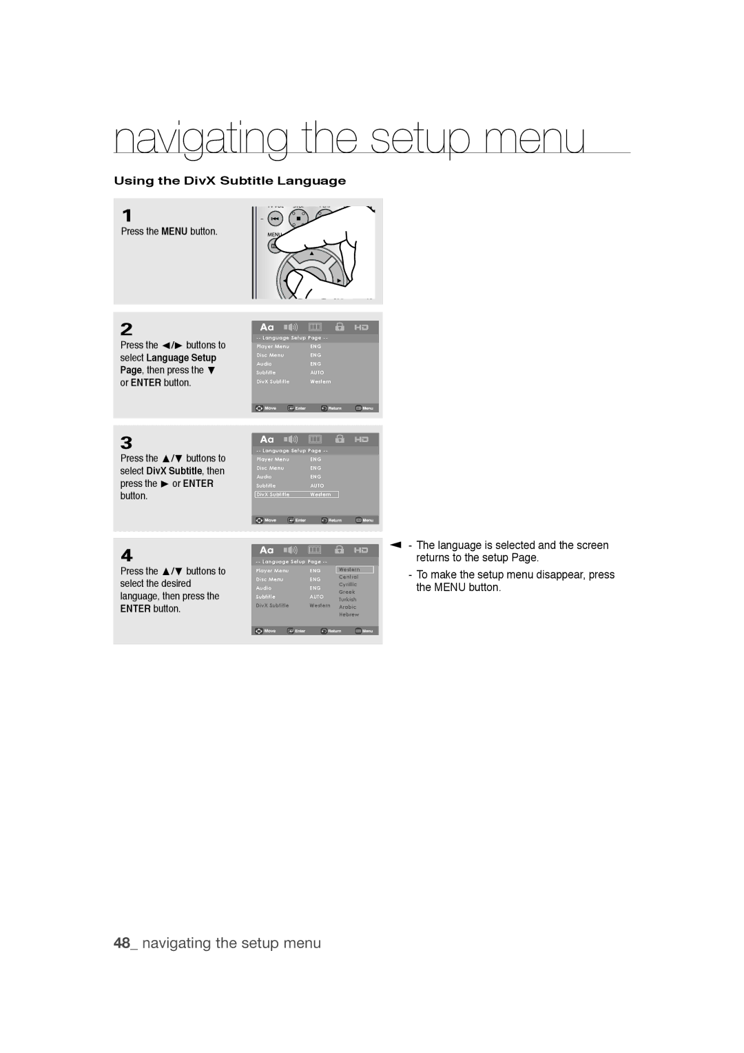 Samsung DVD-1080PR user manual Using the DivX Subtitle Language 