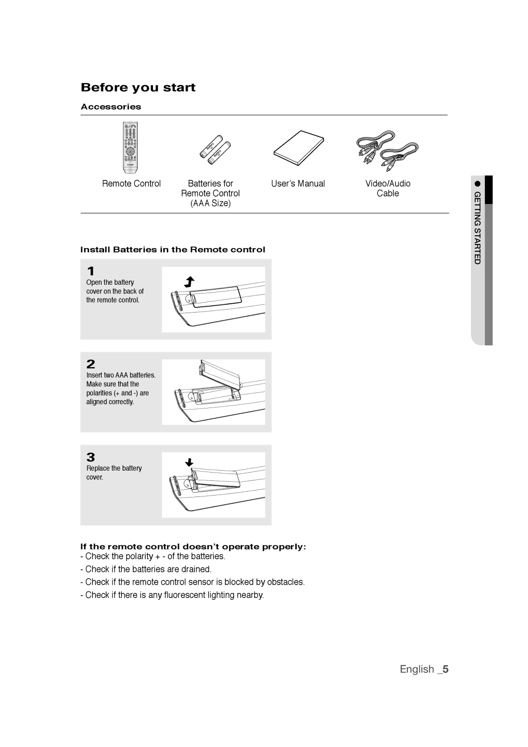 Samsung DVD-1080PR Before you start, Accessories, Install Batteries in the Remote control, Replace the battery cover 