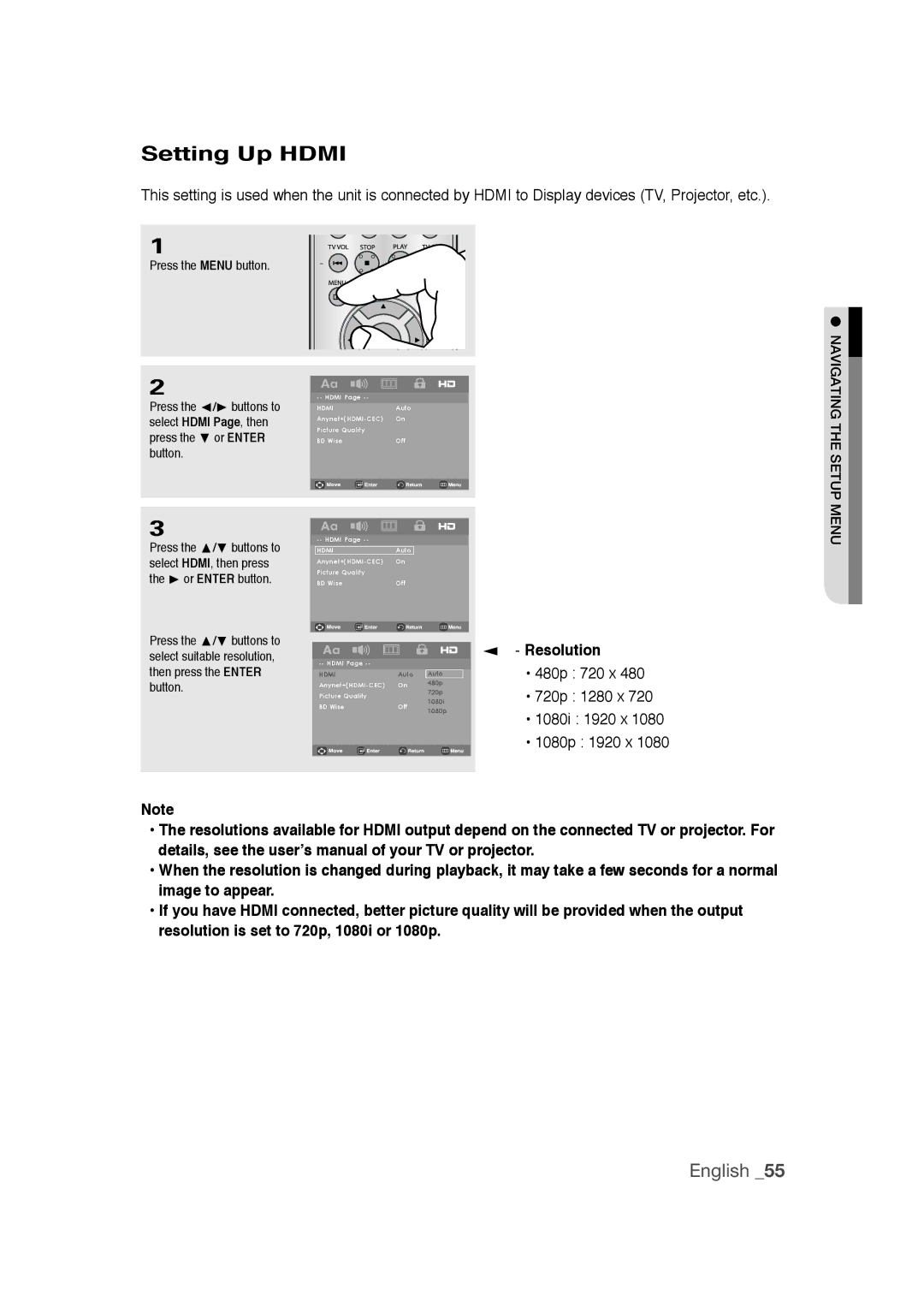 Samsung DVD-1080PR user manual Setting Up Hdmi, Resolution 