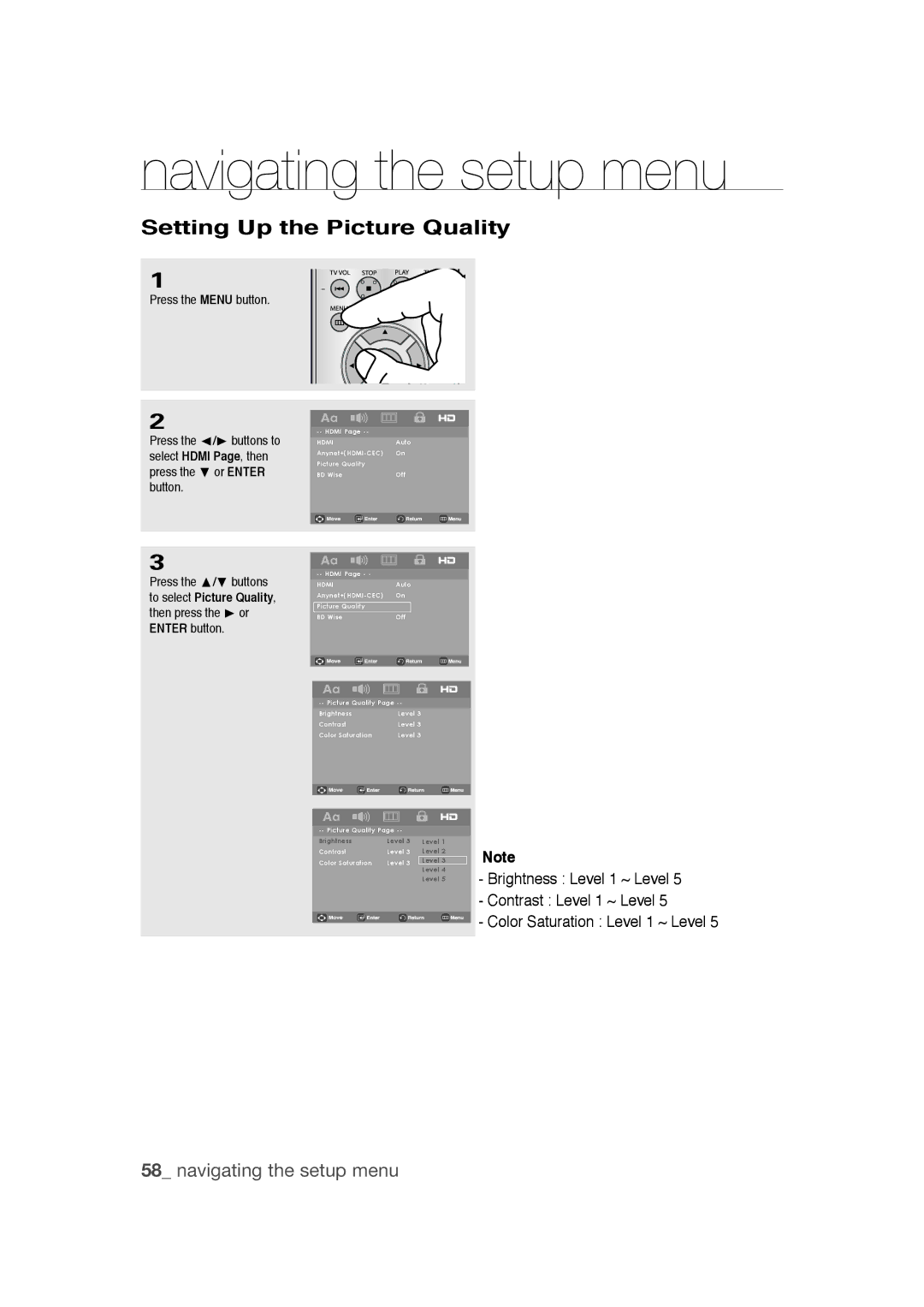 Samsung DVD-1080PR user manual Setting Up the Picture Quality 