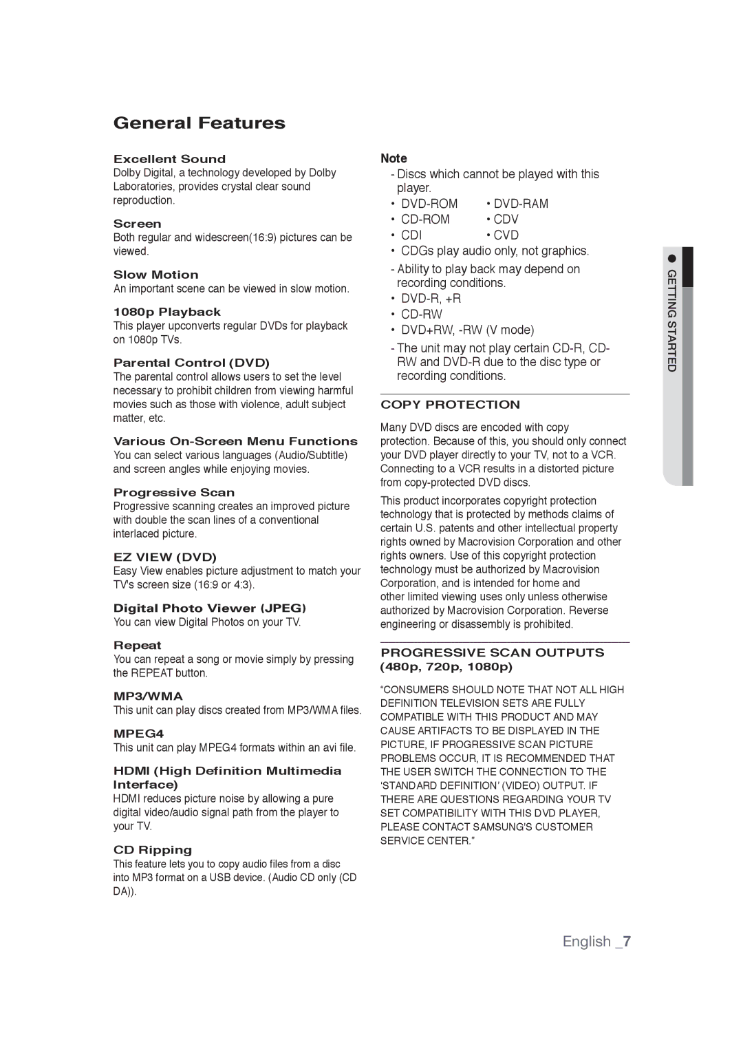 Samsung DVD-1080PR user manual General Features 