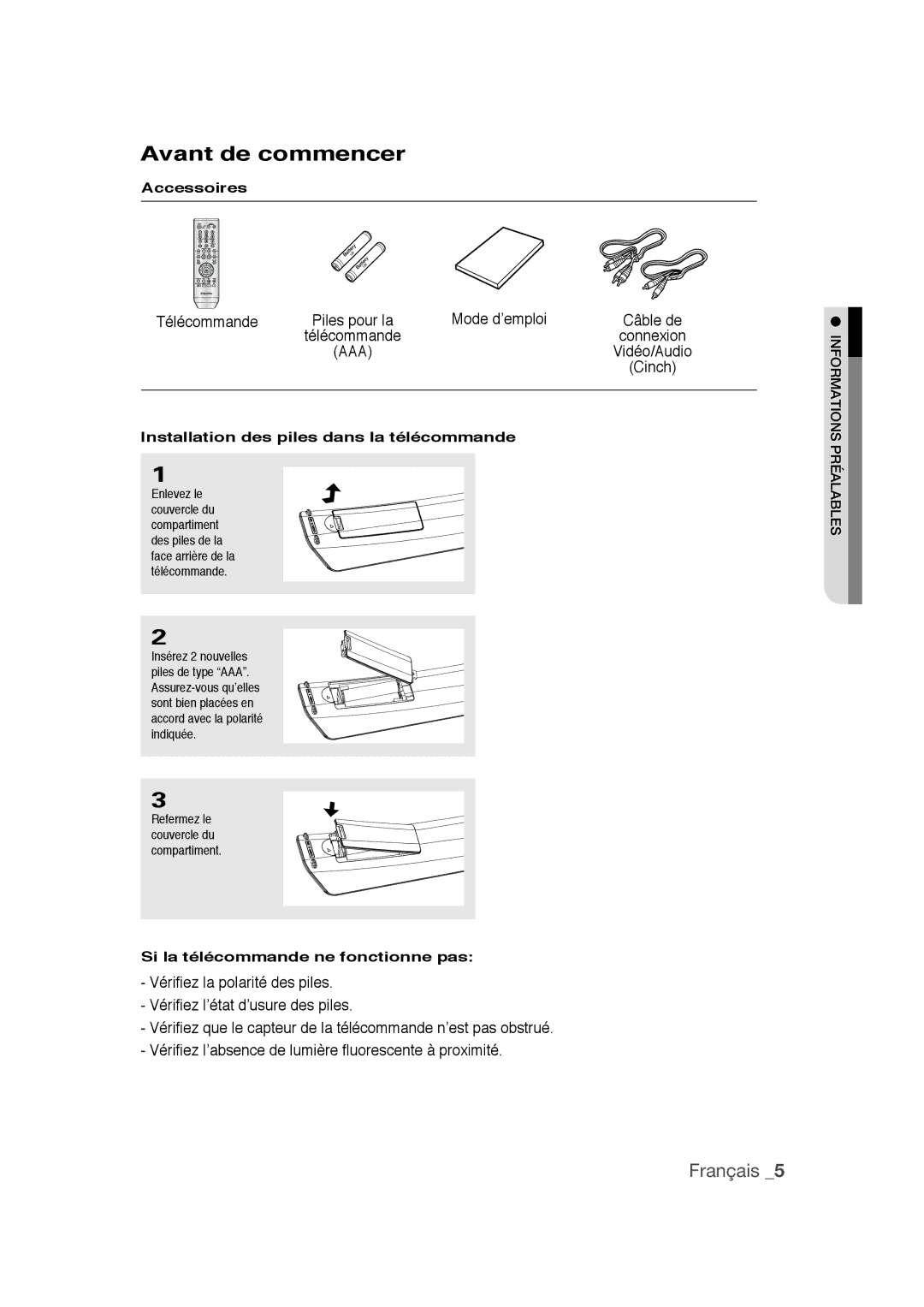 Samsung DVD-1080PR user manual Avant de commencer, Accessoires, Installation des piles dans la télécommande 