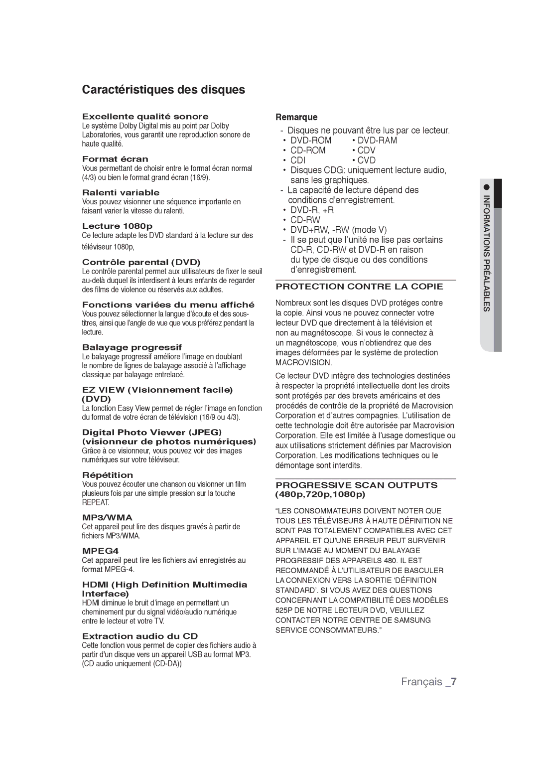 Samsung DVD-1080PR user manual Caractéristiques des disques 