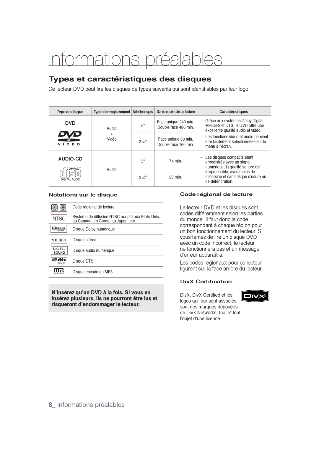 Samsung DVD-1080PR user manual Types et caractéristiques des disques, Notations sur le disque, Code régional de lecture 