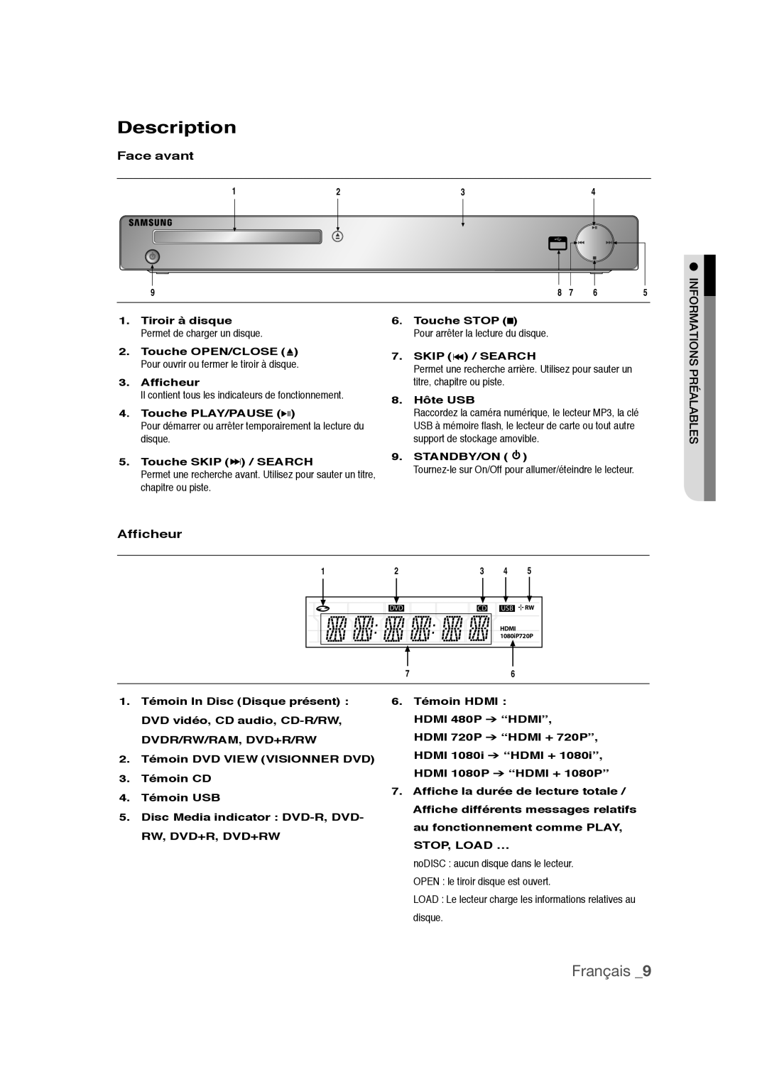 Samsung DVD-1080PR user manual Face avant, Afficheur, Skip Search 