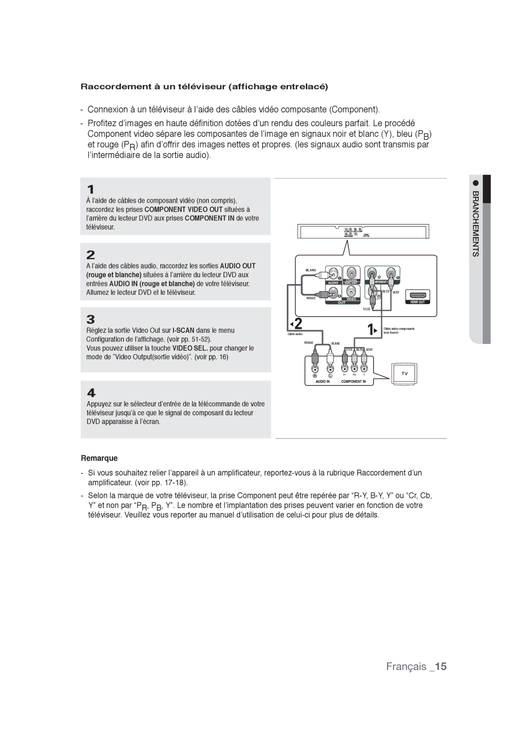 Samsung DVD-1080PR user manual Raccordement à un téléviseur affichage entrelacé 