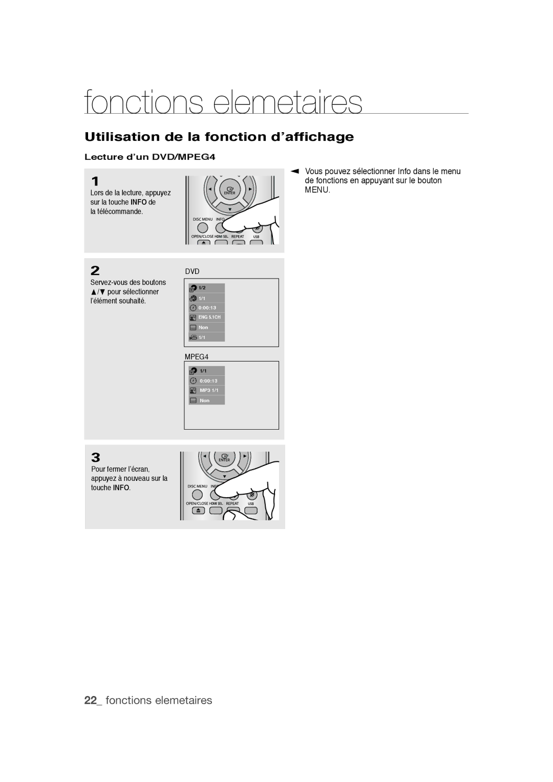 Samsung DVD-1080PR user manual Utilisation de la fonction d’affichage, Lecture d’un DVD/MPEG4, La télécommande 