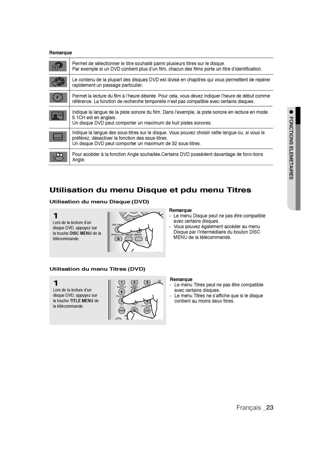 Samsung DVD-1080PR user manual Utilisation du menu Disque et pdu menu Titres, Utilisation du menu Disque DVD 