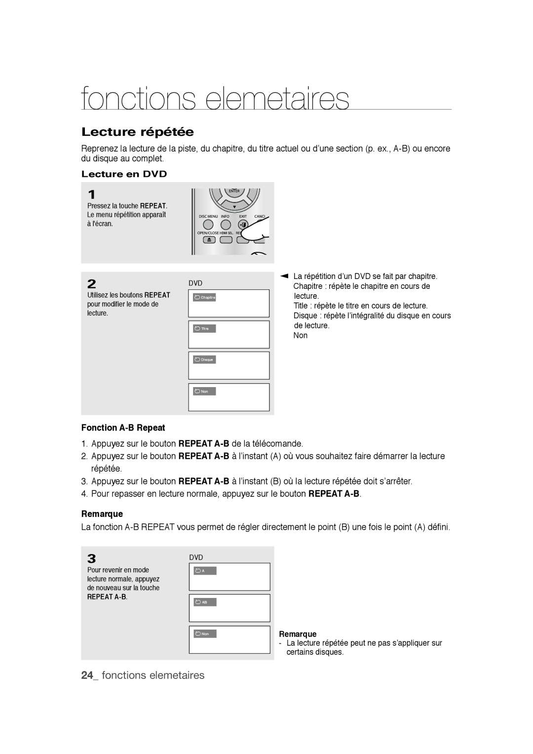 Samsung DVD-1080PR user manual Lecture répétée, Lecture en DVD, Fonction A-B Repeat 