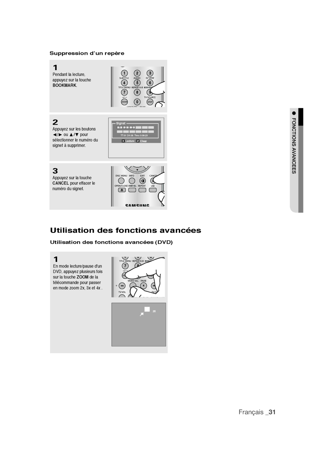 Samsung DVD-1080PR user manual Suppression d’un repère, Utilisation des fonctions avancées DVD 