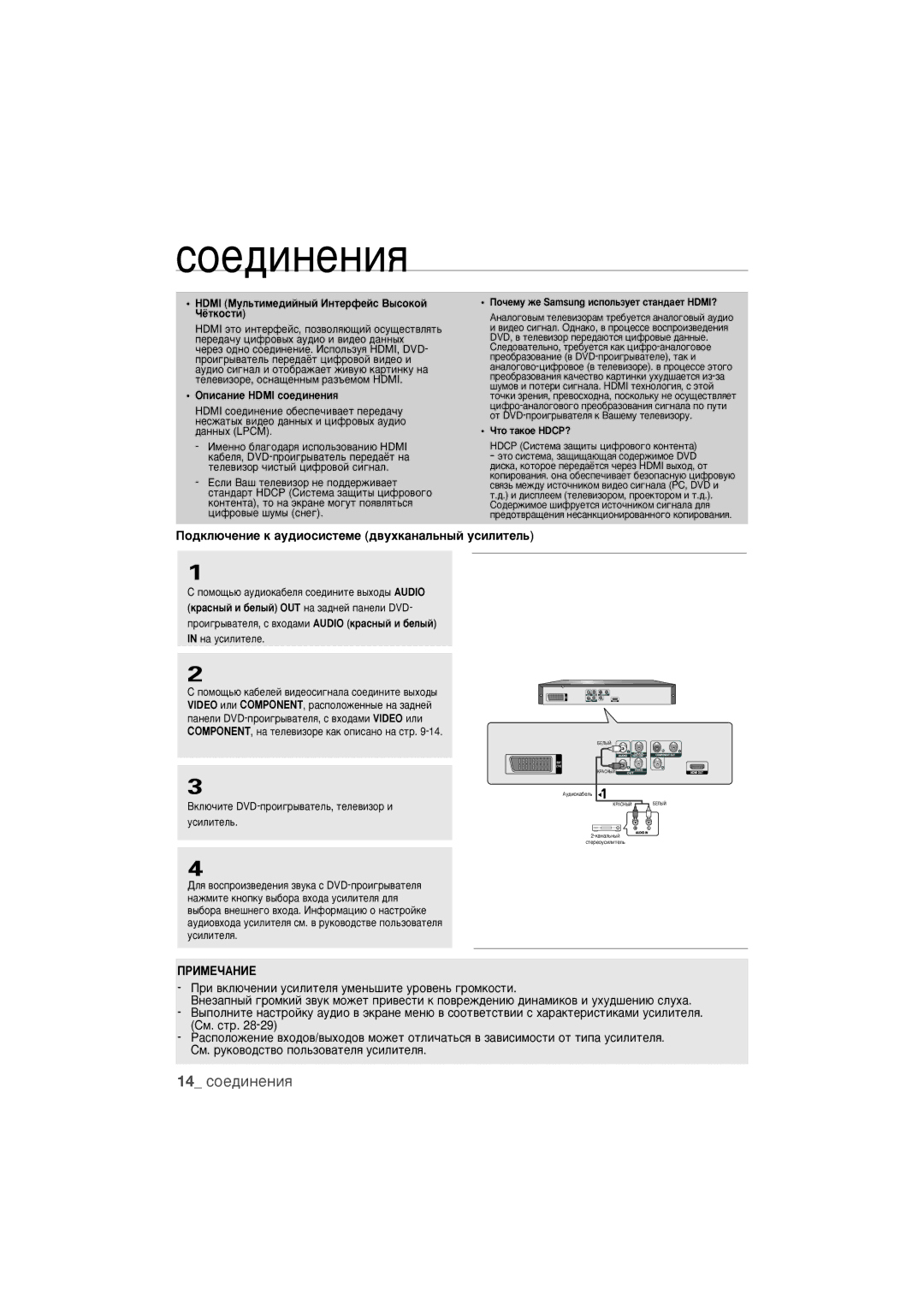 Samsung DVD-1080PR/XER manual 14 ÒÓÂ‰ËÌÂÌËﬂ, ÈÓ‰ÍÎ˛˜ÂÌËÂ Í ‡Û‰ËÓÒËÒÚÂÏÂ ‰‚ÛıÍ‡Ì‡Î¸Ì˚È ÛÒËÎËÚÂÎ¸ 