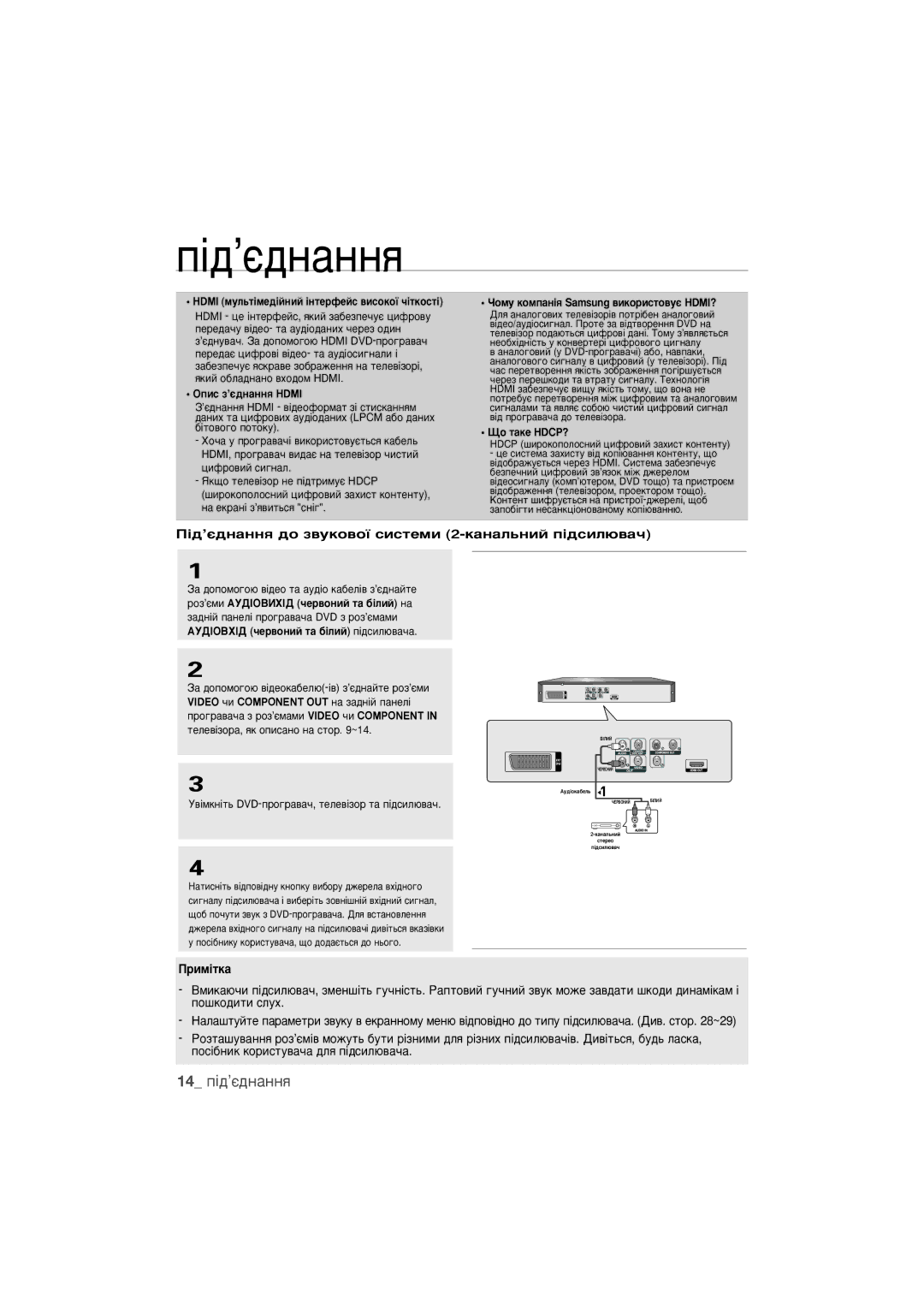 Samsung DVD-1080PR/XER manual 14 Ô¥‰’π‰Ì‡ÌÌﬂ, ¥‰’π‰Ì‡ÌÌﬂ ‰Ó Á‚ÛÍÓ‚Óª Òëòúâïë 2-Í‡Ì‡Î¸ÌËÈ Ô¥‰ÒËÎ˛‚‡˜ 