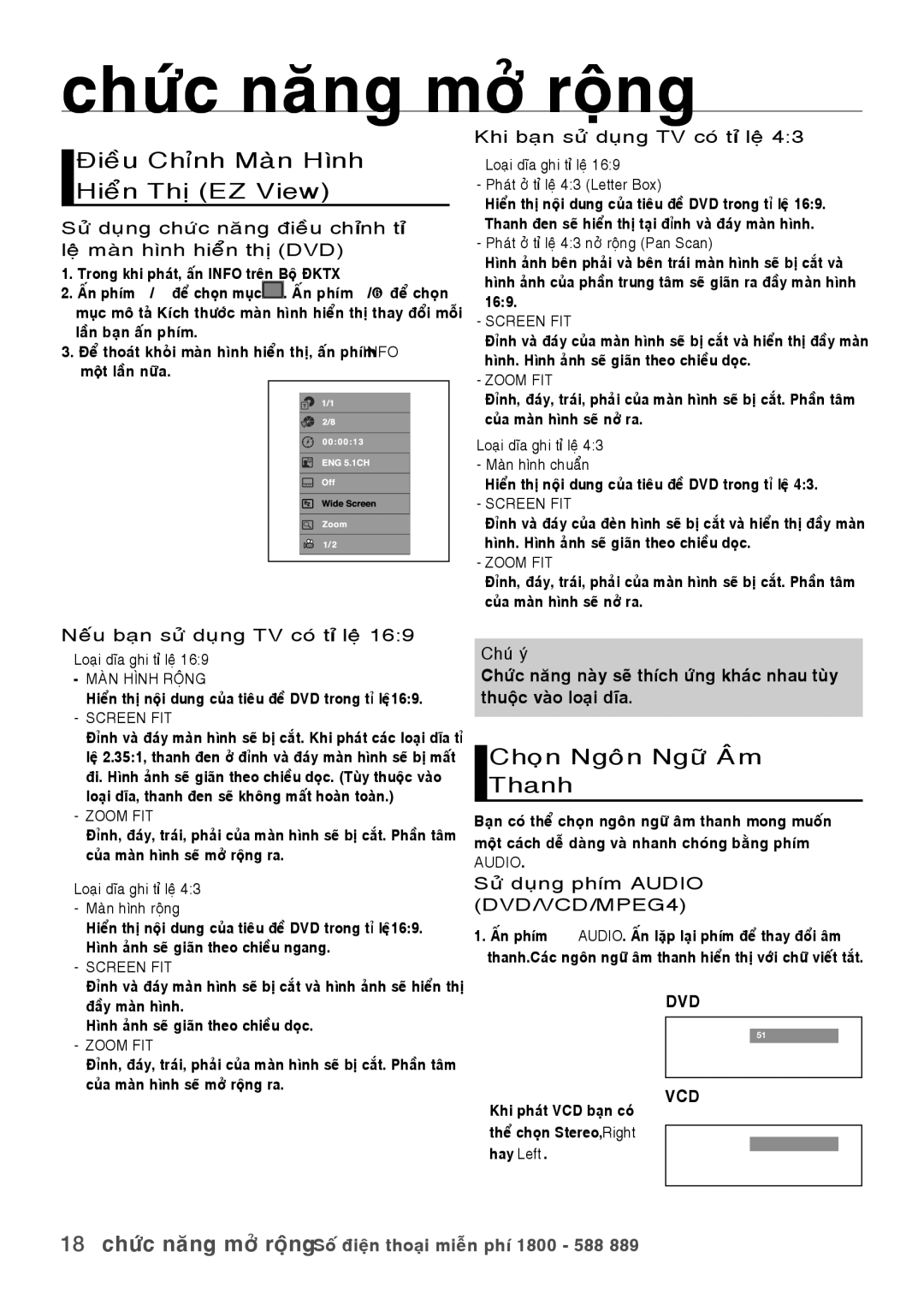 Samsung DVD-1080PR/XSV manual Chöùc naêng môû roäng, Ñieàu Chænh Maøn Hình Hieån Thò EZ View, Choïn Ngoân Ngöõ AÂm Thanh 