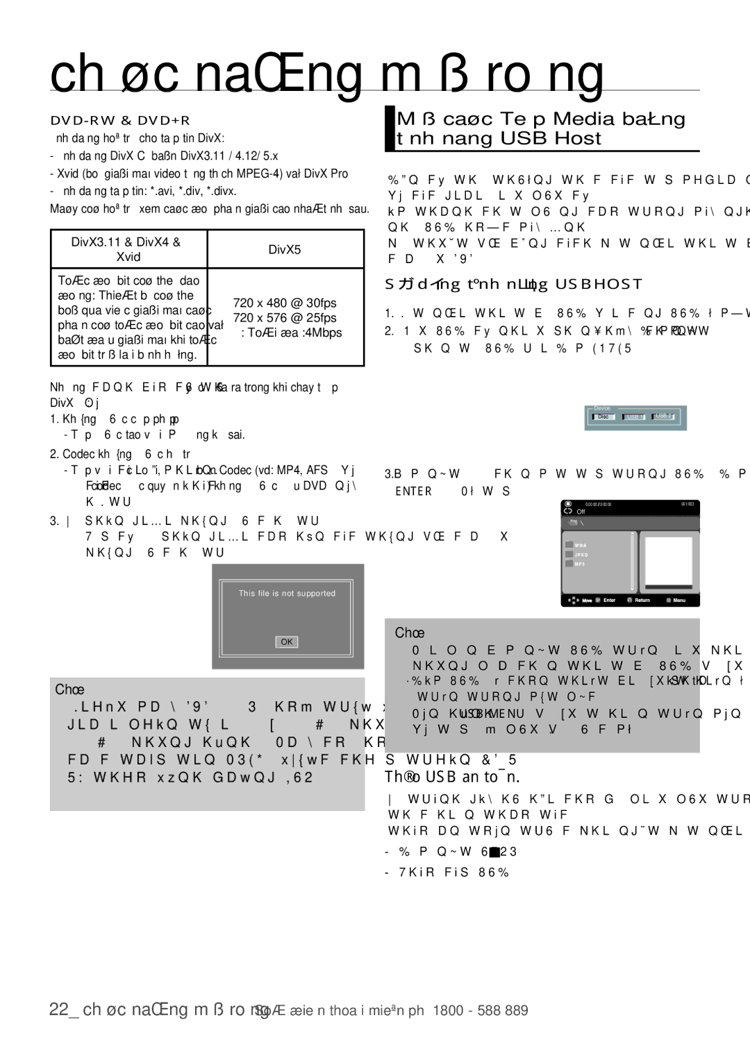 Samsung DVD-1080PR/XSV Môû caùc Teäp Media baèng tính nang USB Host, Sử dụng tính năng Usbhost, Chú ý, 720 x 576 @ 25fps 