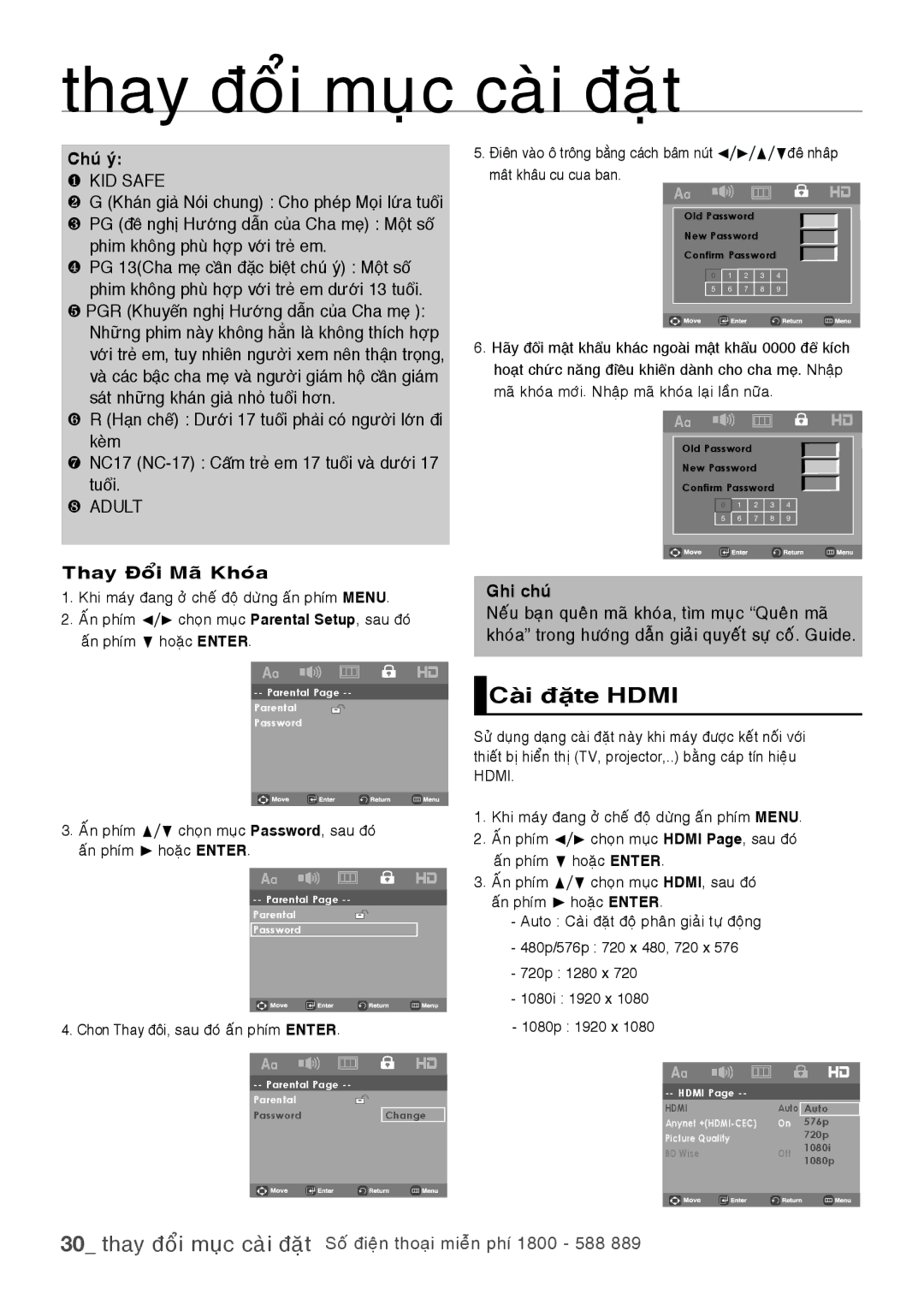 Samsung DVD-1080PR/XSV, DVD-H1080R/XSV manual Thay Ñoåi Maõ Khoùa, Ghi chuù, Chon Thay đôi, sau ñoù aán phím Enter 