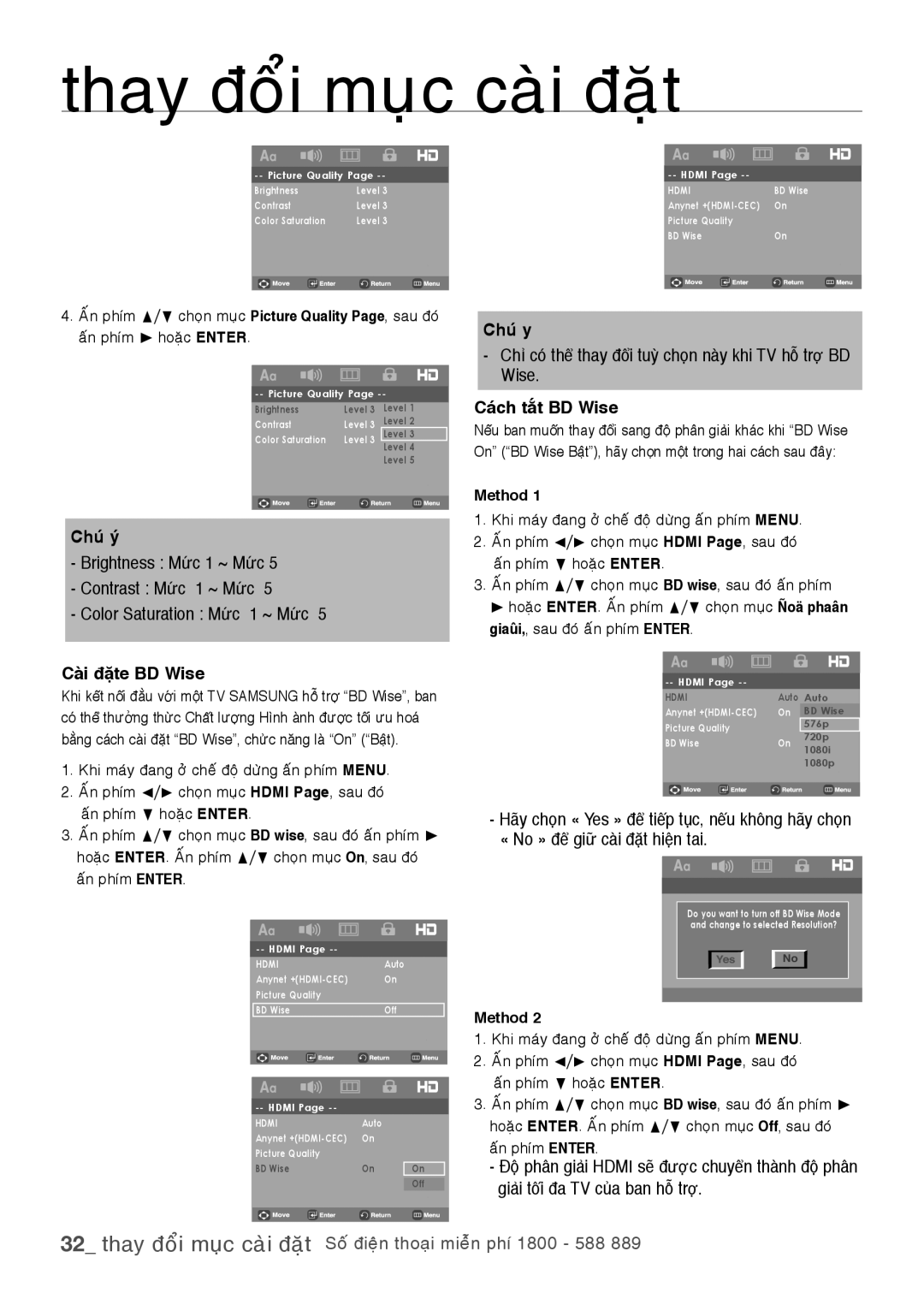 Samsung DVD-1080PR/XSV, DVD-H1080R/XSV manual Cài đặte BD Wise, Chuù y, Cách tắt BD Wise 