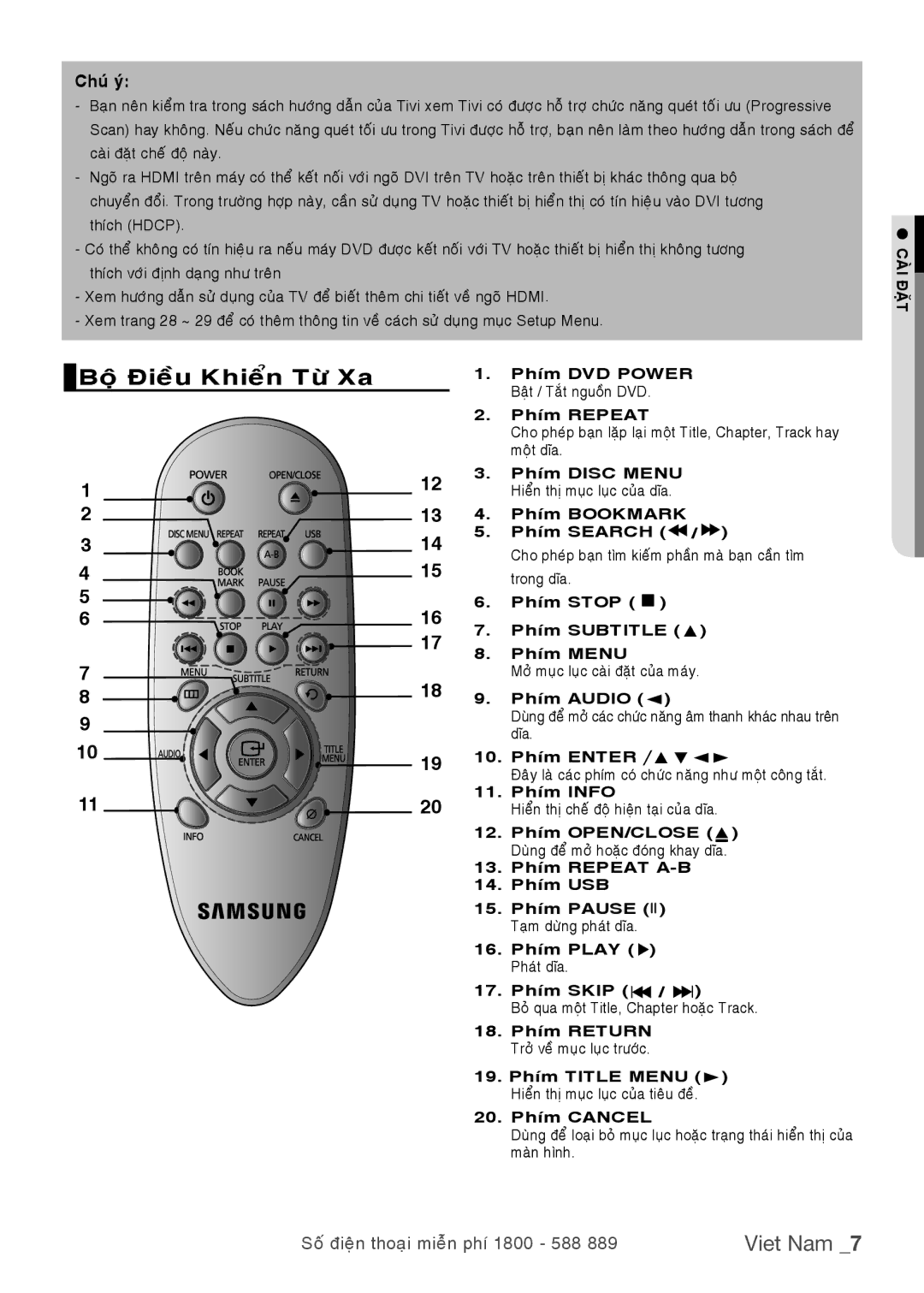 Samsung DVD-H1080R/XSV, DVD-1080PR/XSV manual Boä Ñieàu Khieån Töø Xa, Chuù yù 