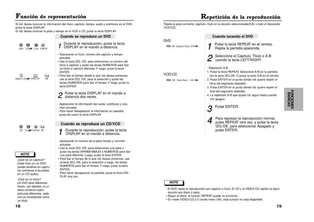 Samsung DVD-511A/XEC manual Funci-n de representaci-n, Repetici-n de la reproducci-n, Cuando se reproduce un DVD 