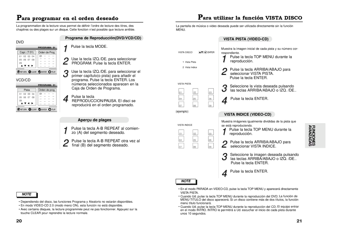 Samsung DVD-511A/XEC manual Para programar en el orden deseado, Para utilizar la funci-n Vista Disco, Vista Pista VIDEO-CD 