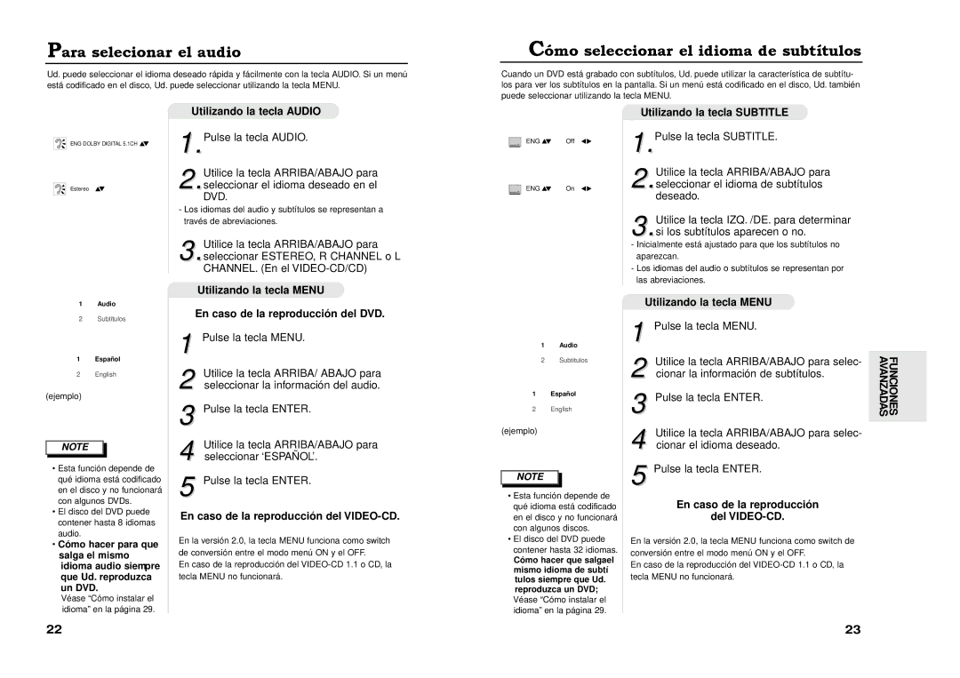 Samsung DVD-511A/XEC manual Para selecionar el audio, Mo seleccionar el idioma de subt’tulos 