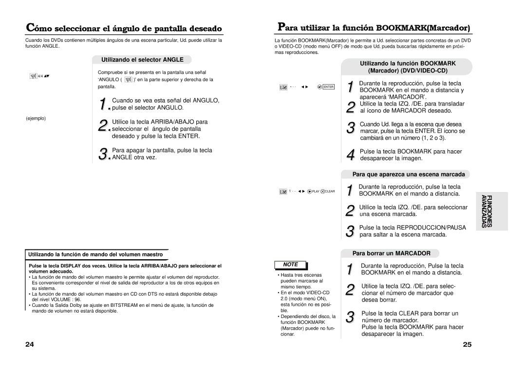 Samsung DVD-511A/XEC manual Mo seleccionar el ‡ngulo de pantalla deseado, Para utilizar la funci-n BOOKMARKMarcador 