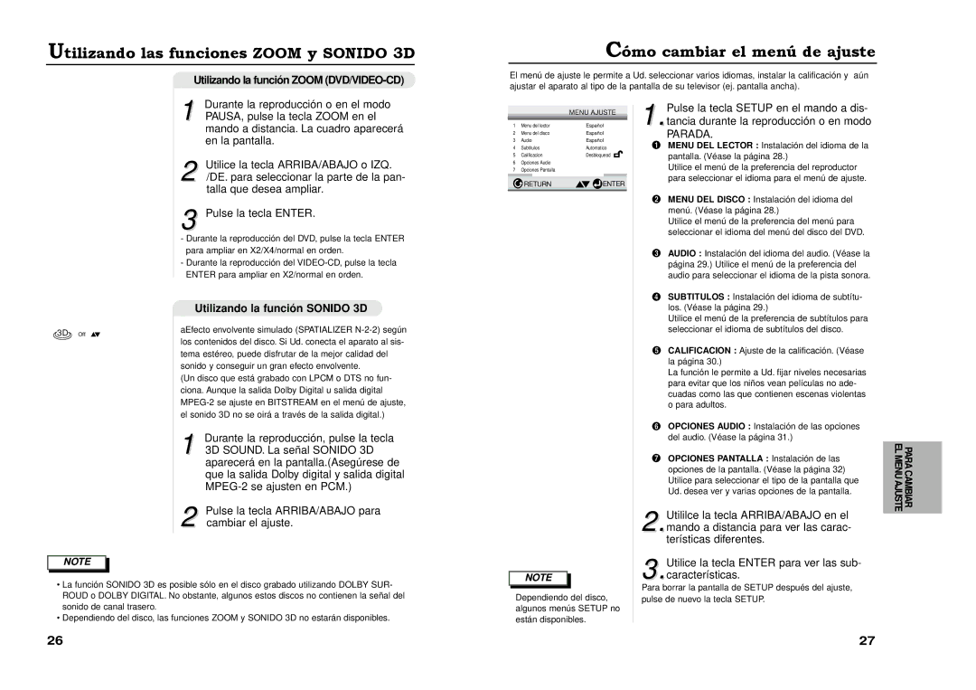 Samsung DVD-511A/XEC manual Utilizando las funciones Zoom y Sonido 3D, Mo cambiar el menœ de ajuste 