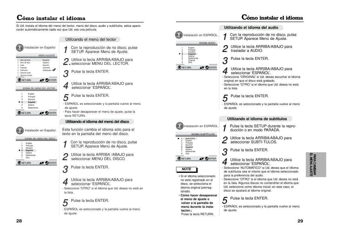 Samsung DVD-511A/XEC manual Mo instalar el idioma, Utilizando el idioma del audio, Con la reproducción de no disco, pulse 