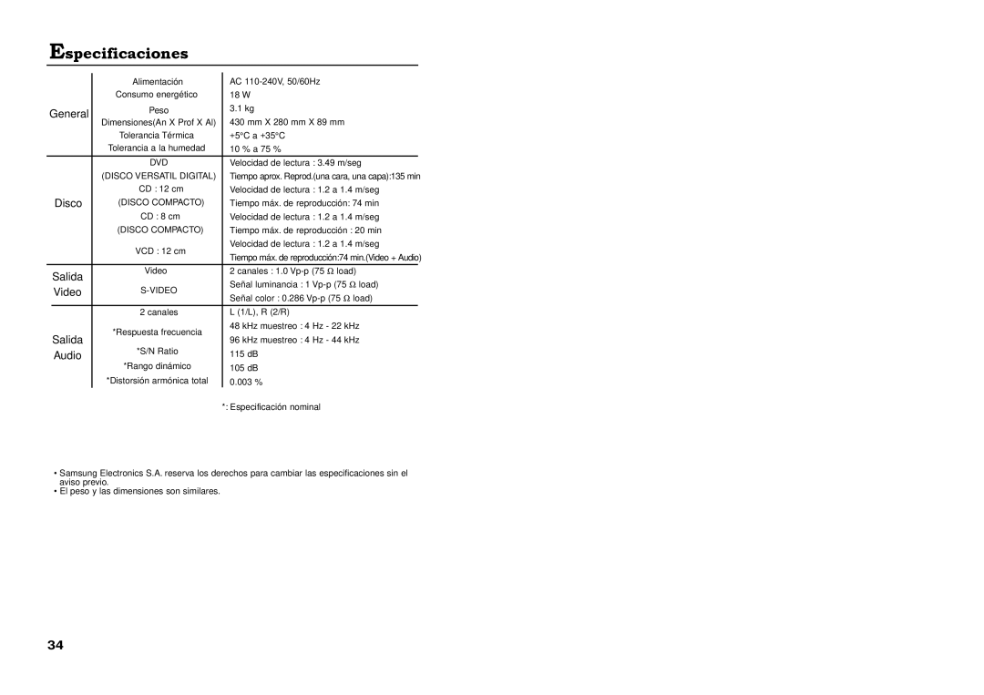 Samsung DVD-511A/XEC manual Especificaciones, General, Salida, Dvd, Video 