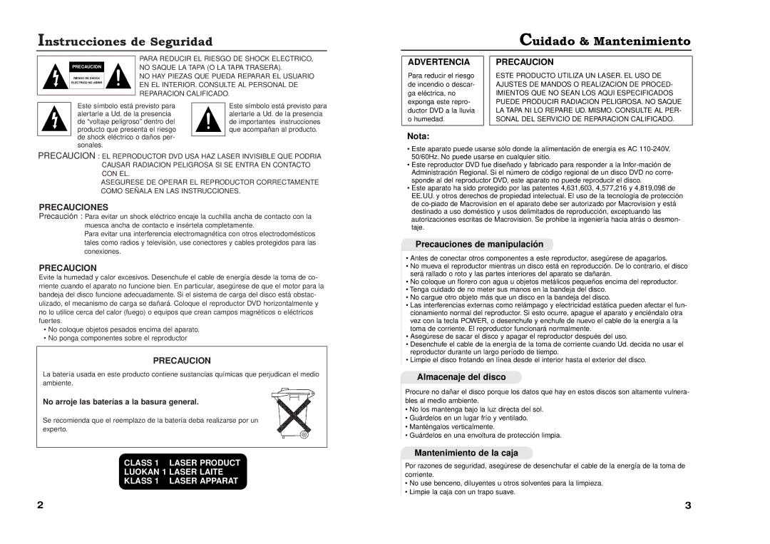 Samsung DVD-511A/XEC manual Instrucciones de Seguridad, Cuidado & Mantenimiento, Advertencia, Precauciones 