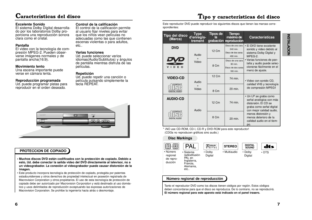 Samsung DVD-511A/XEC Caracter’sticas del disco Tipo y caracter’sticas del disco, Dvd, Video-Cd, Proteccion DE Copiado 