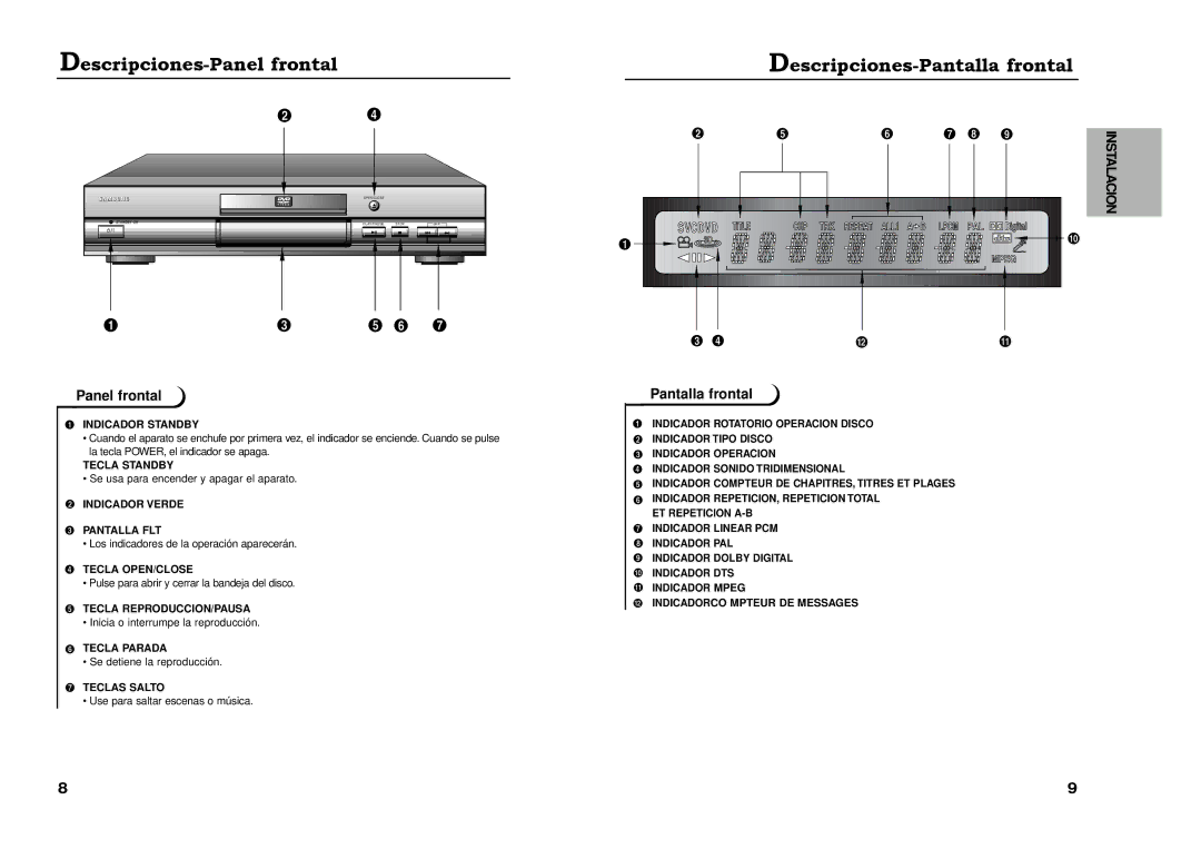 Samsung DVD-511A/XEC manual Descripciones-Panel frontal, Descripciones-Pantalla frontal 