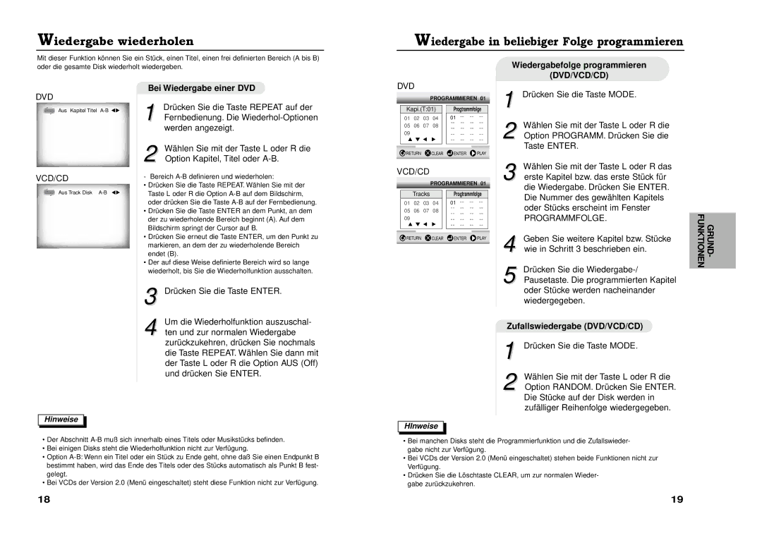 Samsung DVD-711A/XEG manual Wiedergabe wiederholen, Wiedergabefolge programmieren, Dvd/Vcd/Cd, Bei Wiedergabe einer DVD 